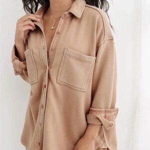 Aerie Oversized Fleece Button Down Shirt Jacket Lumberjane Toasty Taupe XS